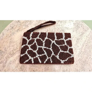 Vintage beaded brown white graiffe print animal pattern clutch with strap